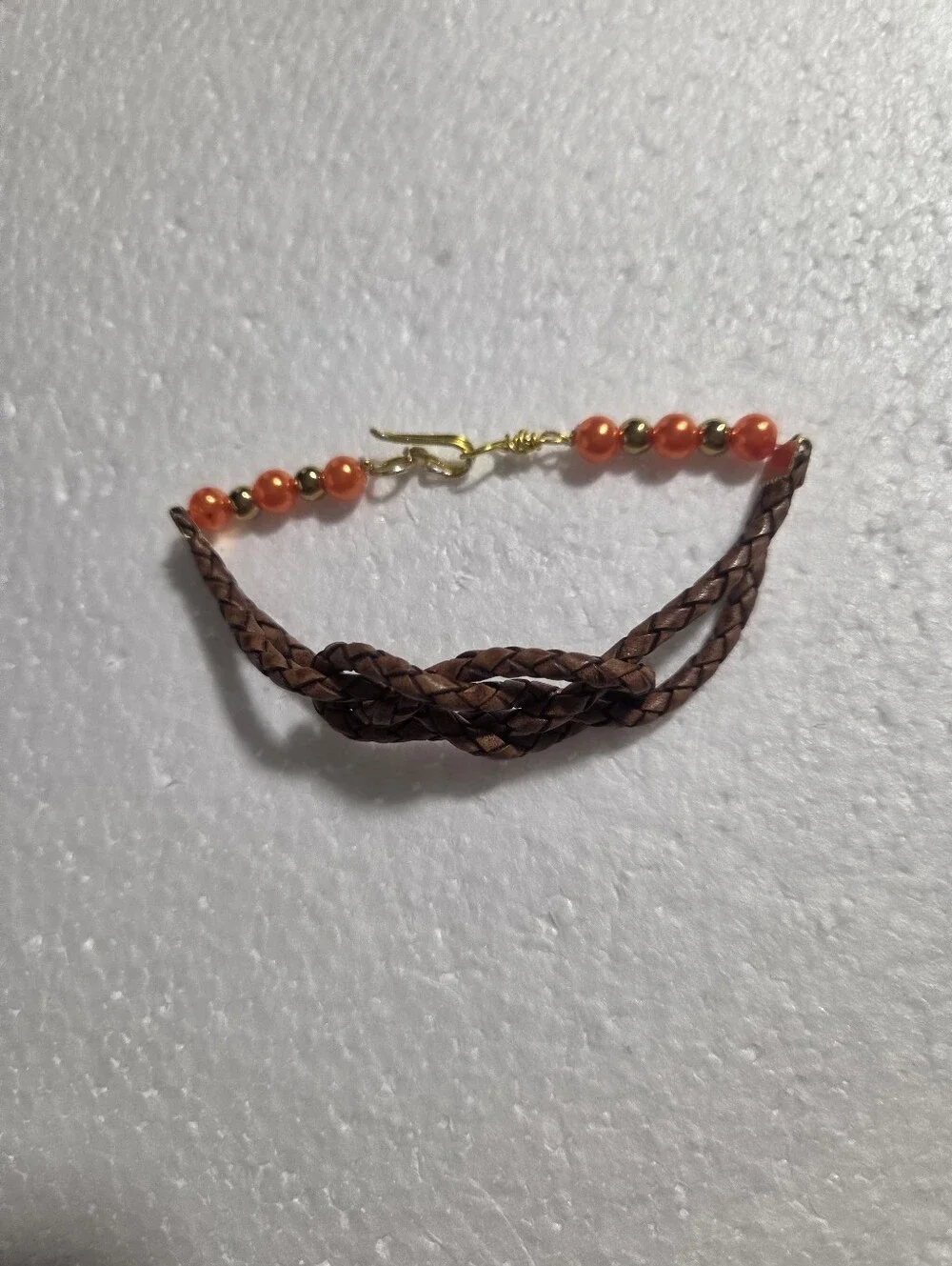 Handcrafted Orange Faux Pearl & Brown Braided Leather Bracelet